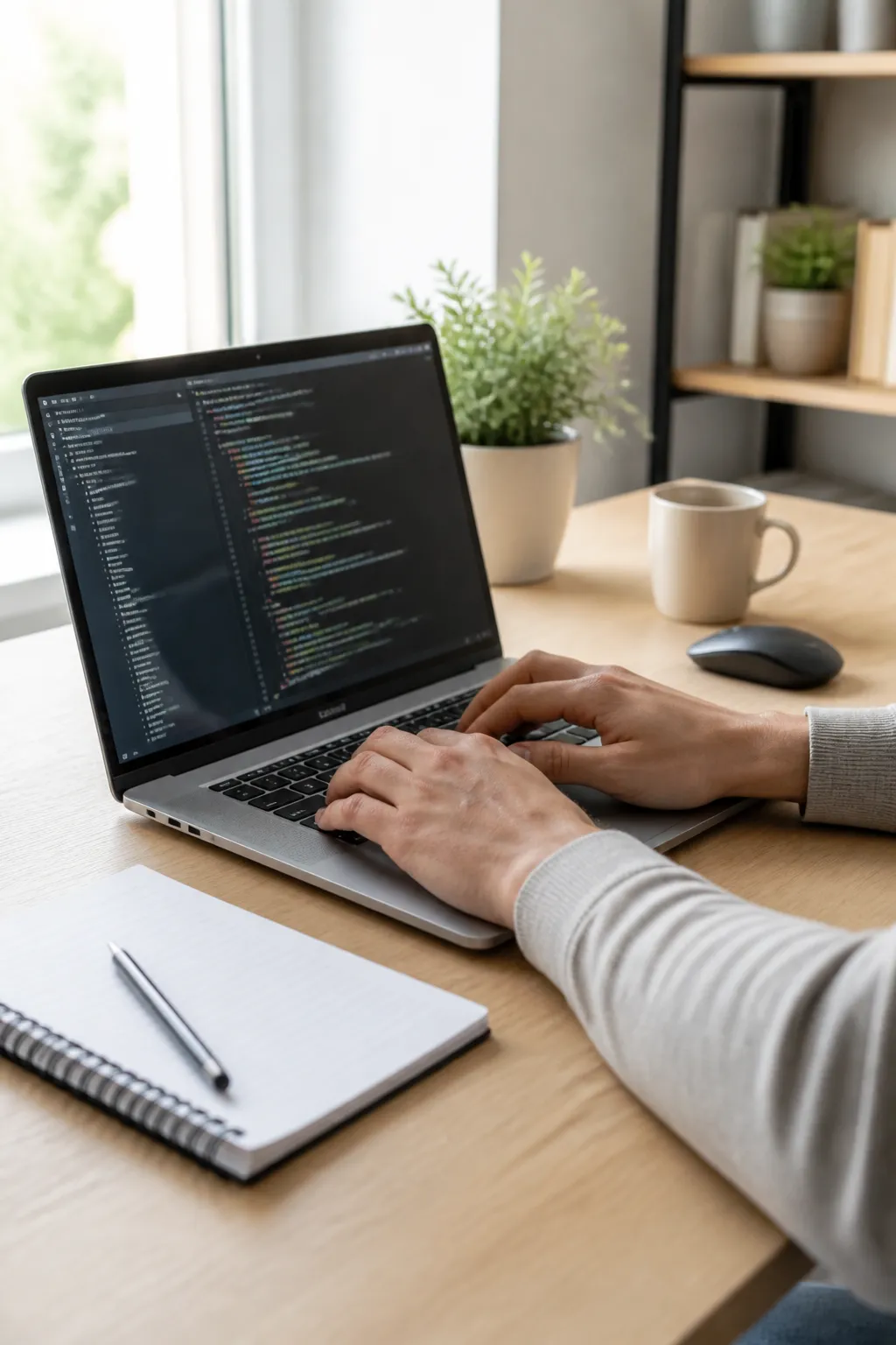 Manos tecleando en una laptop mientras se edita código de un sitio web.