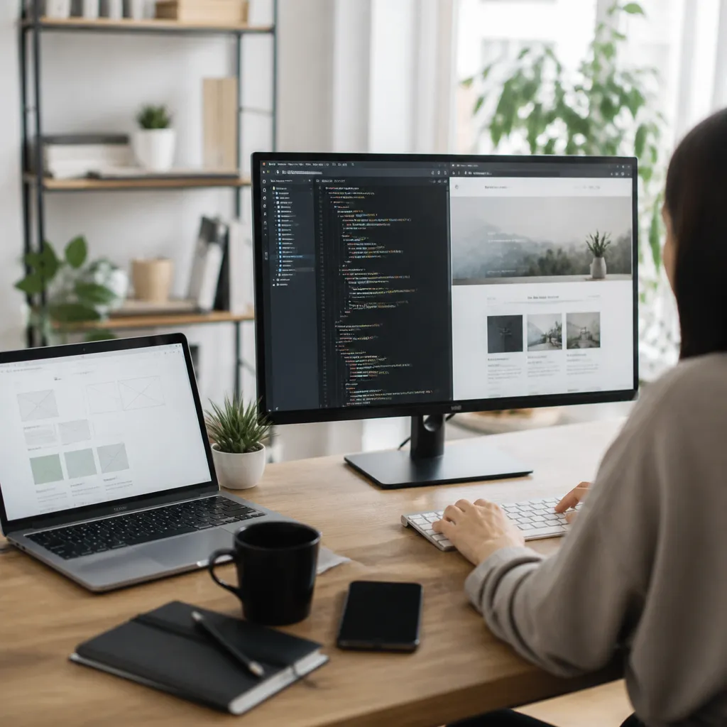 Una computadora de trabajo con código y un sitio web en construcción en pantalla.