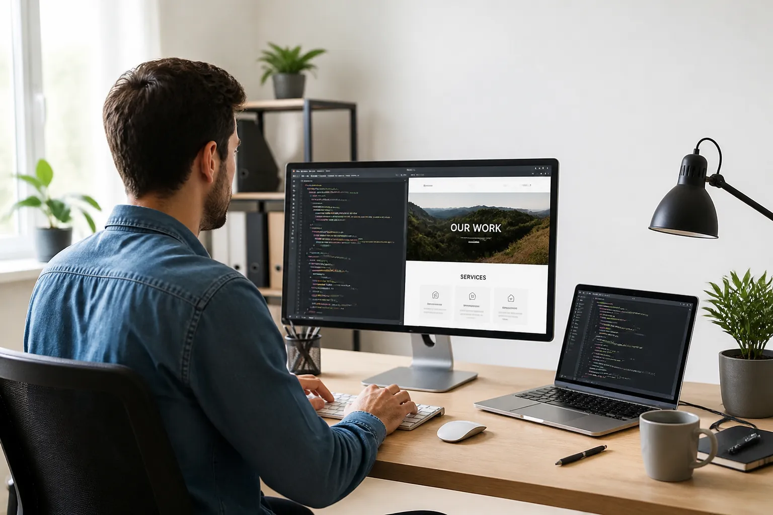 Un escritorio profesional con una pantalla mostrando código y un sitio web en construcción, con espacio libre para titular.